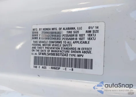 2014 Honda Odyssey Touring/Touring Elite z USA, uszkodzony, nr VIN 5FNRL5H98EB075343